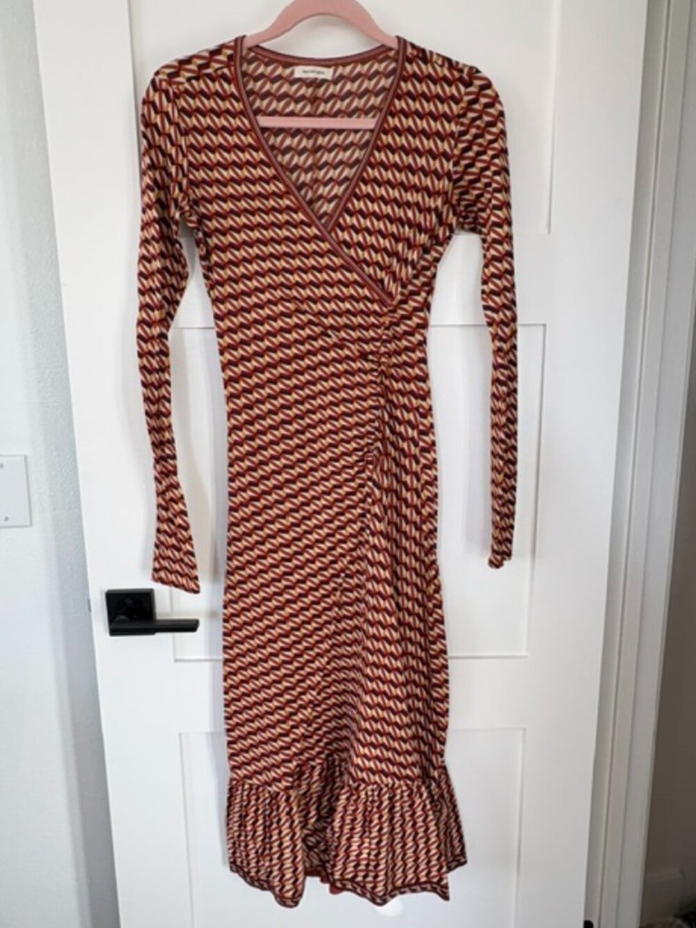 Max Studio Retro Geometric Print Ruched Ruffle Hem Midi Dress Sm